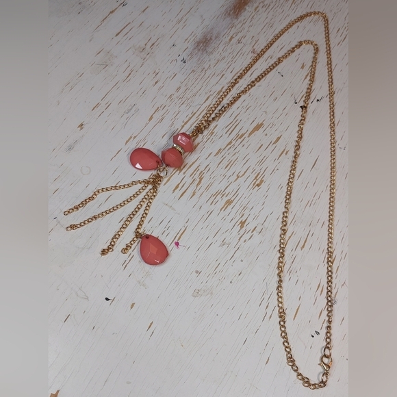 Single Strand Chain Long Necklace with Tassel Cluster Coral Glass Beads Boho - Picture 5 of 7